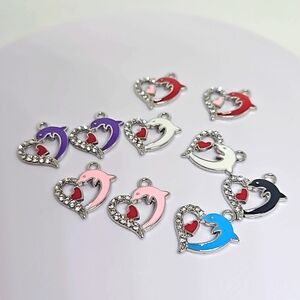 Colorful Dolphin & Heart Enamel Charms with Rhinestones - Zinc Alloy Pendant